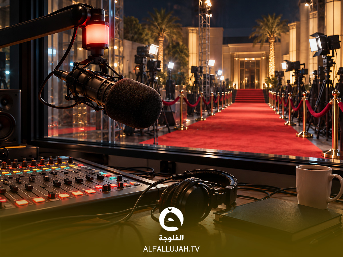 ميكروفون استوديو إذاعي أمام سجادة حمراء لمهرجان سينمائي في رسم تعبيري عن مشادة نجوى إبراهيم وأشرف زكي
